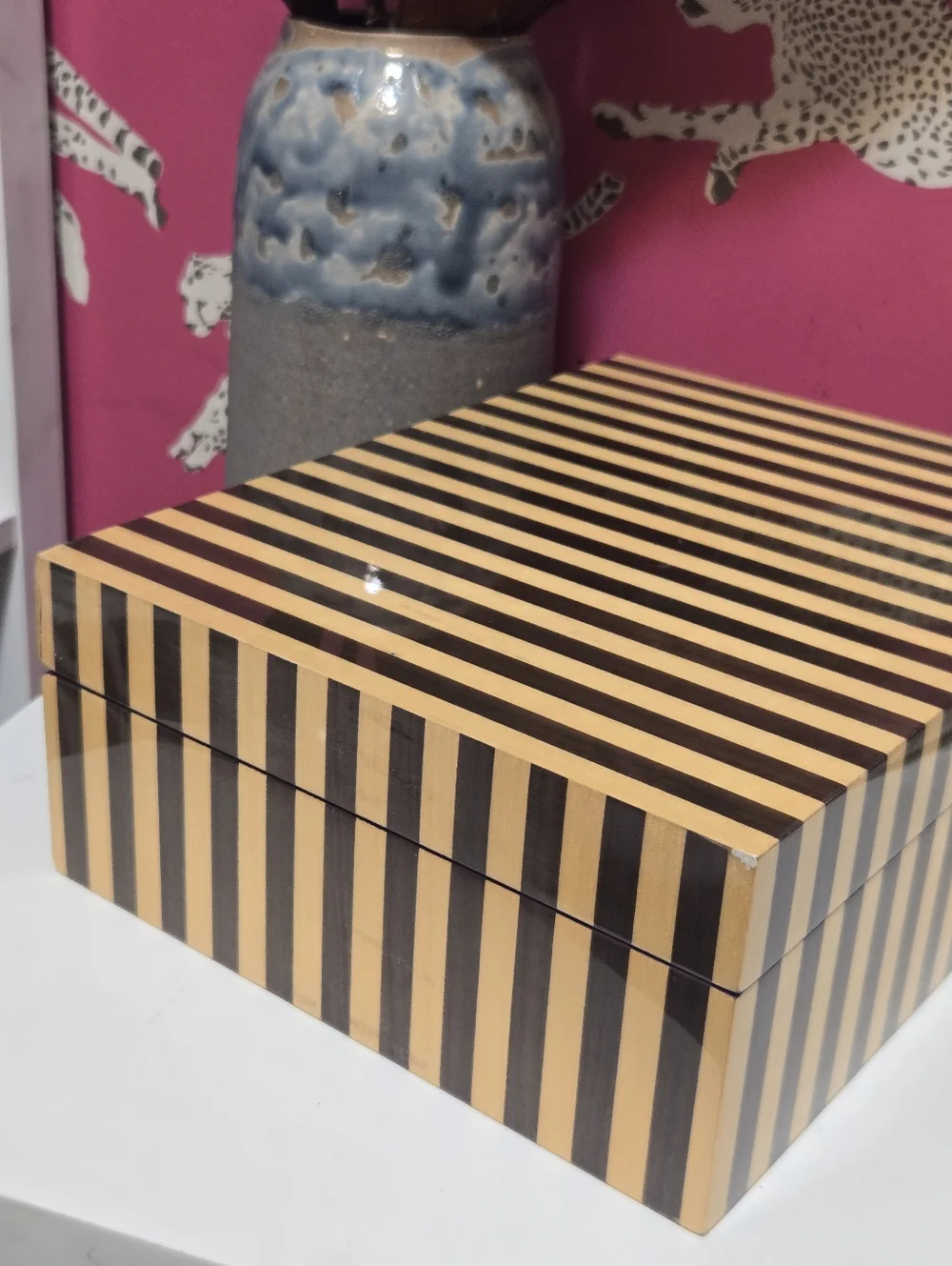 Vintage Henri Bendel Wood Brown Stripes Jewelry Organizer Storage Box